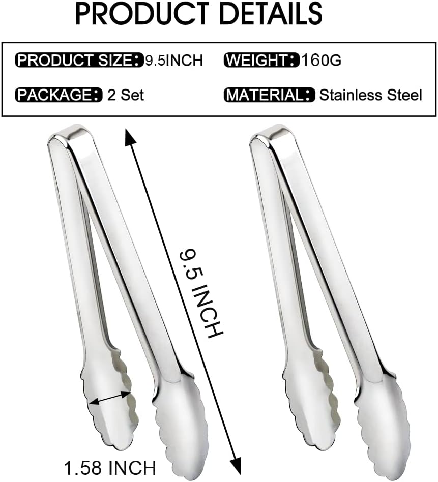2 Pack Serving Tongs Serving Utensils Salad Tongs Metal Buffet Tongs Non-slip & Easy Grip Stainless Steel Plated Buffet Serving Tongs, Salad, Ice, Oven (9.5 Inch) (Silver)