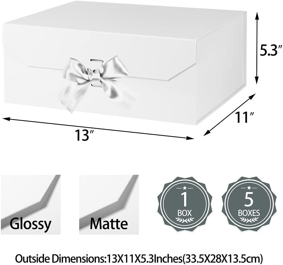 White Large Gift Box 13x11x5.3 Inches With Ribbon and Lid Magnetic Closure, Christmas Rectangle Collapsible Boxes for Men Shoes (Glossy White)