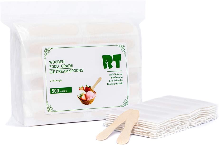 RT-Disposable Wooden Ice Cream Spoon Natural Birch 3 Inches (500 pieces) Individual Packaging Is Safer