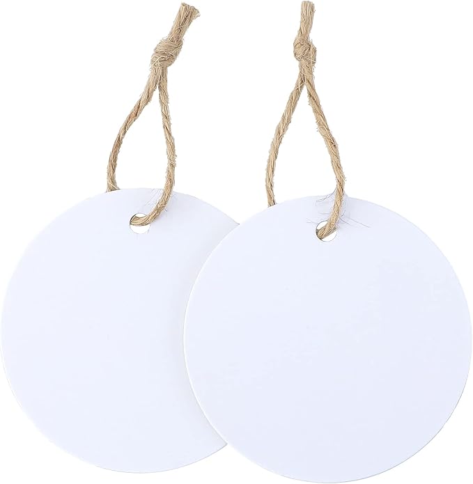 G2PLUS 100PCS White Gift Tags with String，2.2'' Round Paper Tag Blank Hang Tag Circle Tags with Holes for Craft Projects, Xmas Gift, DIY Wedding Favor Bag