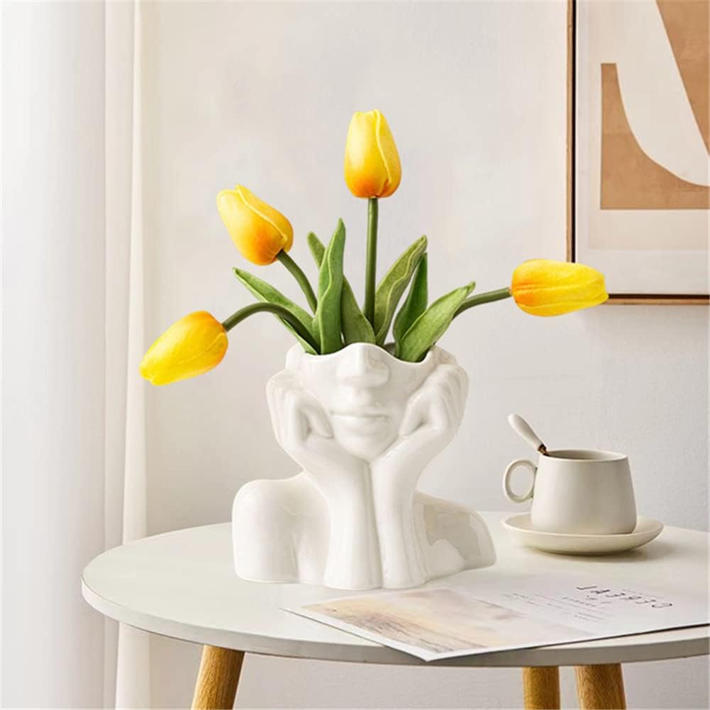 White Ceramic Face Vase, Female Form Head Half Body Bust Vases Boho Feminist Minimalism Decorative Modern Nordic Style Flower Vase for Home Living Room Office Book Shelf Decor (Large)
