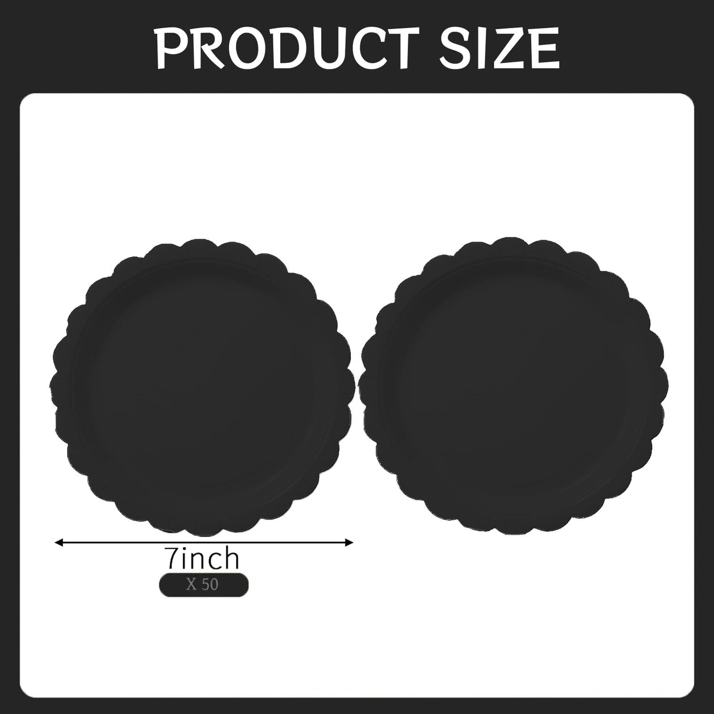 BEFORYOU 50PCS Scalloped Disposable Paper Plates Dessert Cake Party Plates for Baby Shower, Wedding,Bridal Shower Birthday Party Supplies (Black, 7IN)