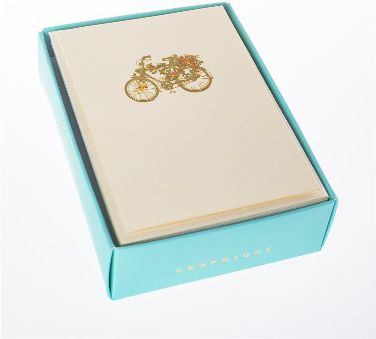 Graphique Flower Bicycle La Petite Presse Boxed Notecards, 10 Embellished Gold Foil Blank Cards with Matching Envelopes and Storage Box, 3.25" x 4.75"