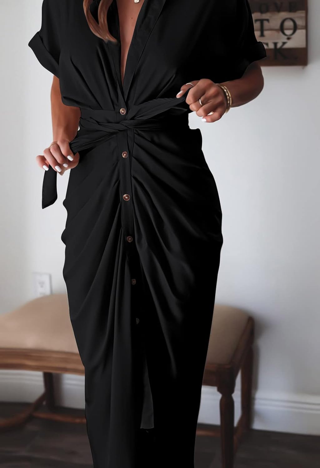 Women Elegant Satin Button Down Short Sleeve Maxi Shirt Dress with Belt