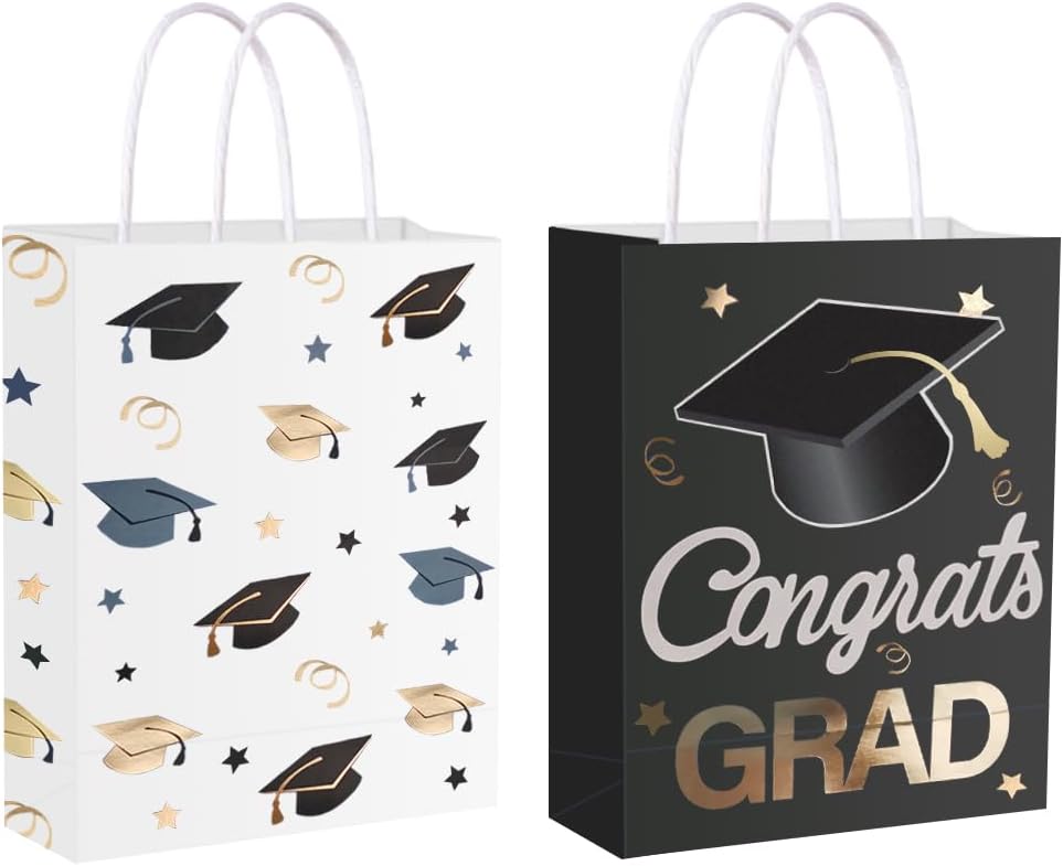 12 Pieces Graduate Gift Bags, Graduation Party Favor Gifts Wrapping Bags for Graduation Season Theme Party Supplies Decoration (Black Gold)