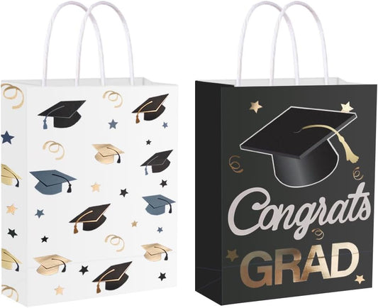 12 Pieces Graduate Gift Bags, Graduation Party Favor Gifts Wrapping Bags for Graduation Season Theme Party Supplies Decoration (Black Gold)