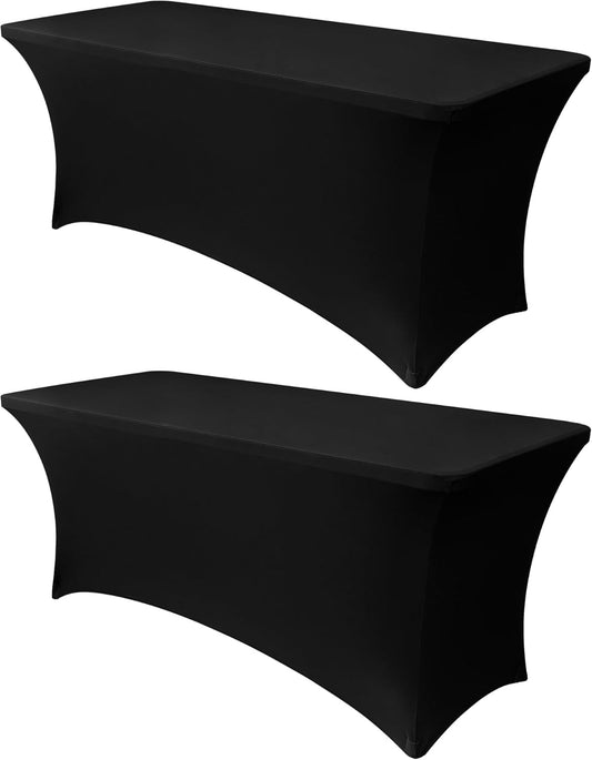 Obstal 6ft Stretch Black Spandex Table Cloth for Standard Folding Tables - 2 Pack Universal Rectangular Fitted Tablecloth Protector for Wedding, Trade Show, Vendor Stand