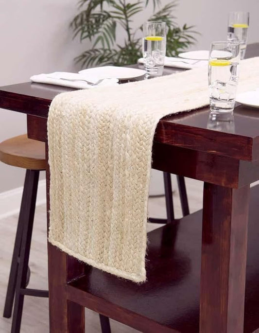 Handwoven Natural Jute Table Runner – Rustic Farmhouse Style, Natural Burlap Look – Eco-Friendly Table Decor for Dining Table, Weddings & Events,Size-14 x 72 Inches-White