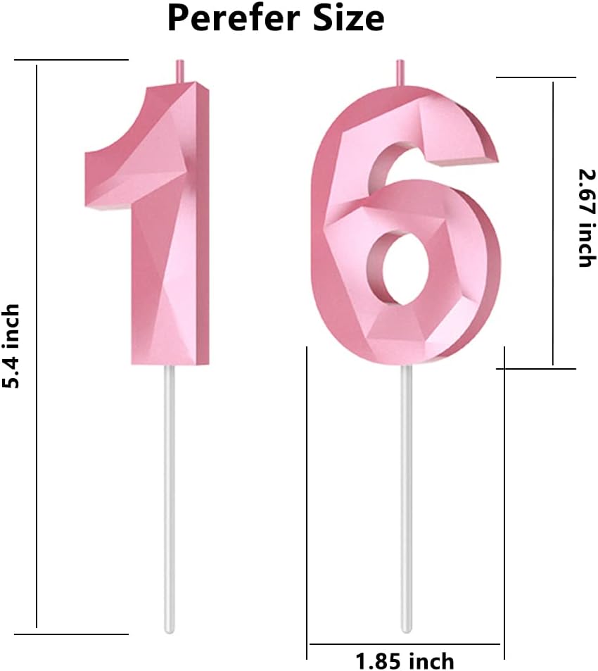 Number Birthday Candles(16 Candle Pink) 3D Diamond Shape 16th Happy Birthday Cake Topper Decorations for Girl Women Birthday Wedding Anniversary Celebration Theme Party Supplies