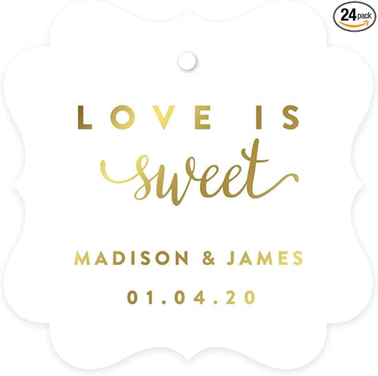 Andaz Press Personalized Fancy Frame Square Wedding Gift Tags, Metallic Gold Ink, Love is Sweet, 24-Pack, Custom Made Any Name