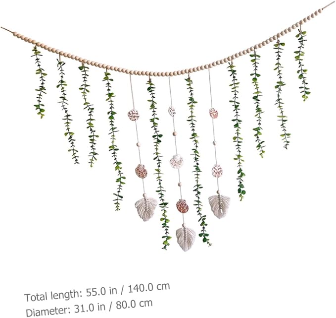 Wooden Bead and Shell Pendant Garland with Simulated Eucalyptus Leaves Lightweight Boho Hanging Decor for Door Window Aesthetic Leaf Vines Plant Decoration for Home and Party