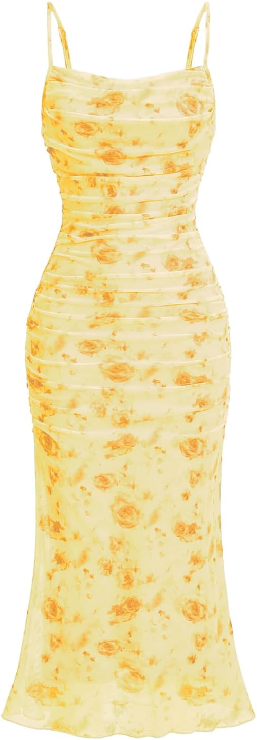 GORGLITTER Women's Floral Ruched Bodycon Midi Dress Mesh Sleeveless Fishtail Cami Dresses