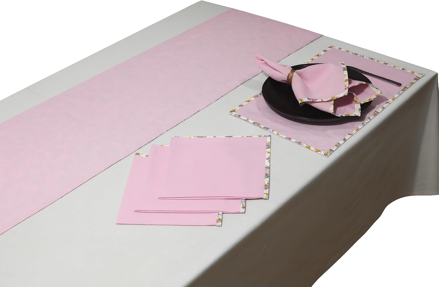 Indtresor Indian Heritage Fabric Cotton Table Linen Reversible Set Runner Napkins Mats in Pink White