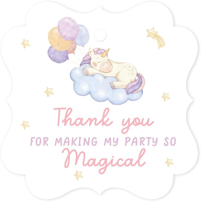 Andaz Press Fancy Frame Kids Party Favor Thank You Tags with String, 48-Pack Unicorn Birthday Gift Tags for Gift Bags, Favor Bags, Goody Bags, Girls Unicorn Birthday, 1st Birthday Party Favors
