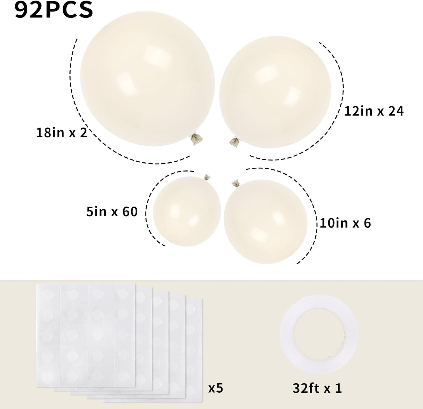 RUBFAC 92pcs White Sand Balloons Different Sizes 18 12 10 5 Inch for Garland Arch White Cream Beige Balloons for Happy New Year Decorations 2024 Birthday Party Graduation