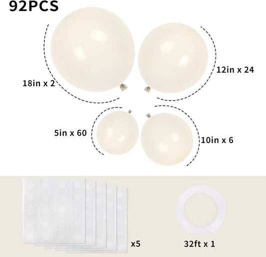 RUBFAC 92pcs White Sand Balloons Different Sizes 18 12 10 5 Inch for Garland Arch White Cream Beige Balloons for Happy New Year Decorations 2024 Birthday Party Graduation
