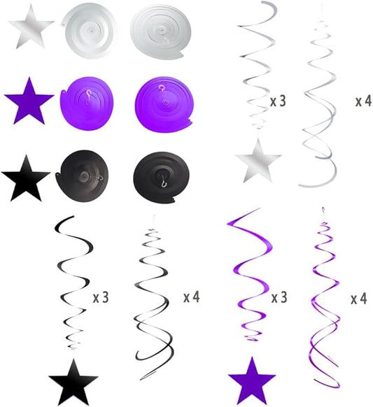 MOWO Purple Black Silver Star Swirl Hanging Decoration for Graduation Retirement Halloween Bachelor Theme Party Supplies, Pack of 20