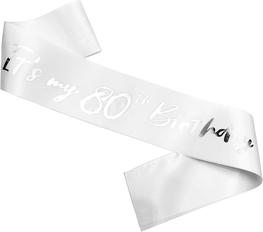 80th Birthday Sash, It's My 80th Birthday Sash White Silver, 80 Birthday Decorations Gifts for Women Men Happy 80th Birthday Party Favor Supplies