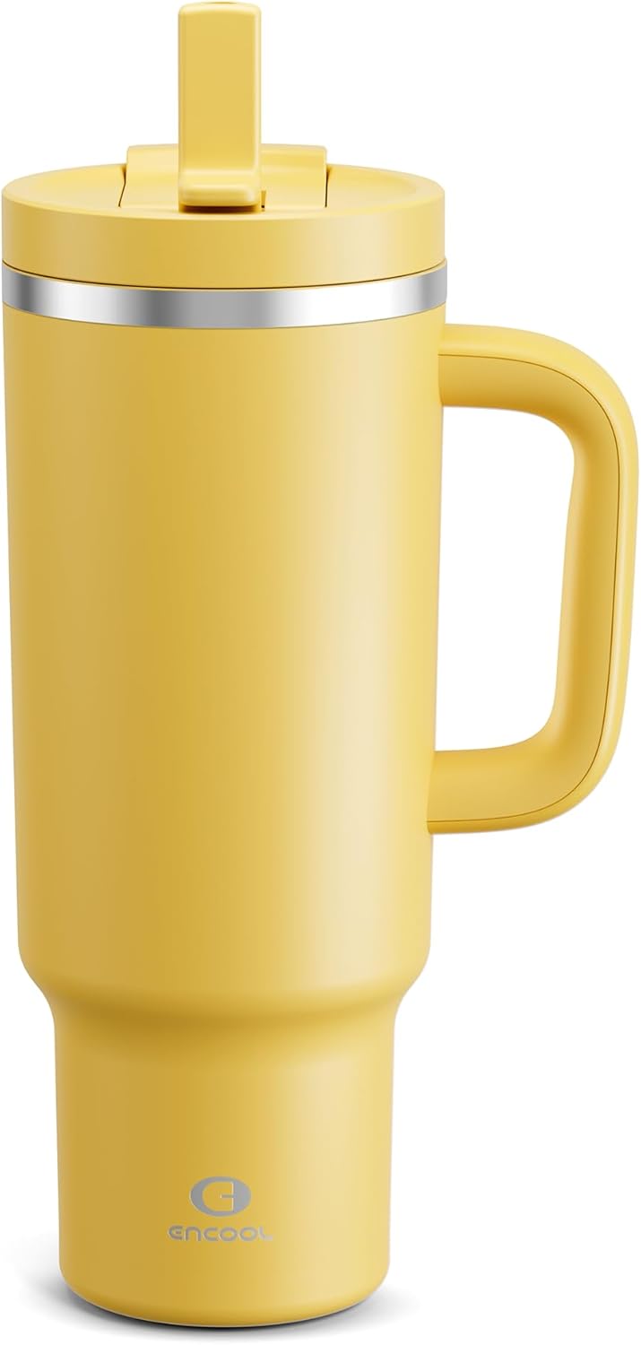 40 oz Tumbler with Handle and Straw: Stainless Steel Insulated Tumbler Keeps Cold for 24 Hours, Leakproof Travel Cup Fits in Cup Holder and BPA-Free,Elfin Yellow