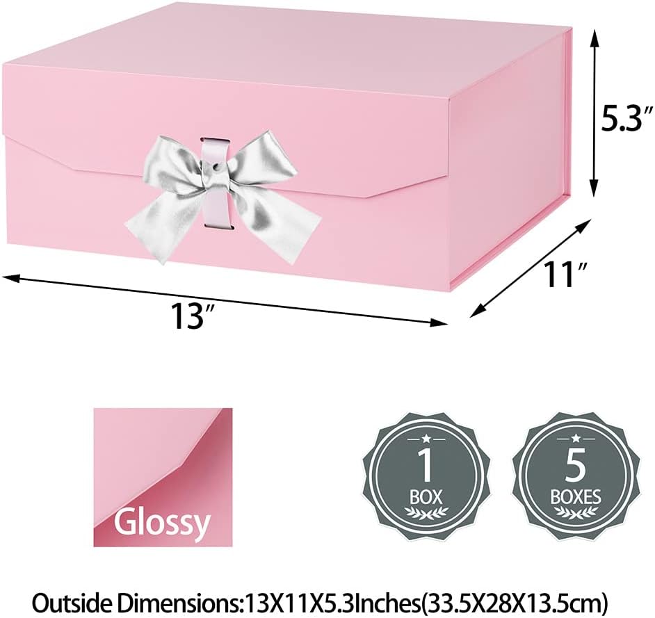 Pink Large Gift Box 13x11x5.3 Inches With Ribbon, Lid Magnetic Closure, Christmas, Rectangle Collapsible for Men Shoes