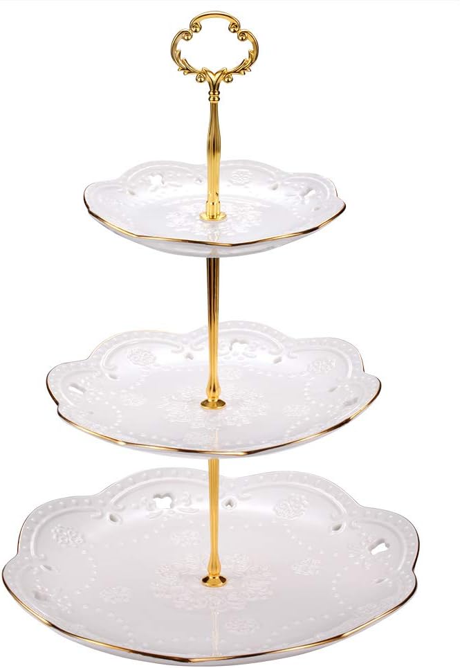 3-Tier Round Ceramic Cupcake Stand, High Tea Stand for Wedding and Birthday Party