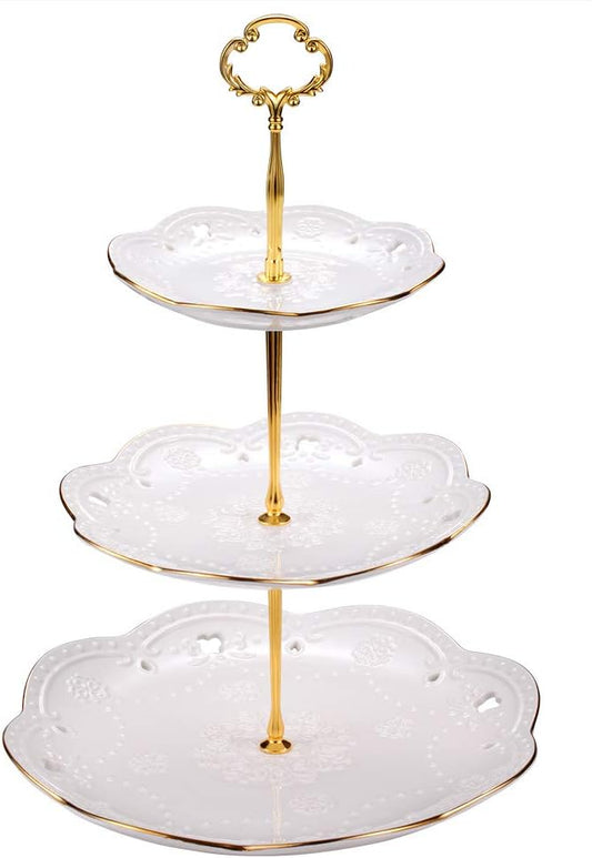3-Tier Round Ceramic Cupcake Stand, High Tea Stand for Wedding and Birthday Party