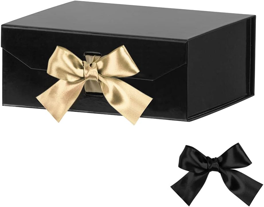 Black Gift Boxes 8x7x3.3 Inches, Luxury Gift Boxes with Ribbon, Empty Gift Boxes with Lid Magnetic Closure, Groomsman Boxes, Wedding (Glossy Black)