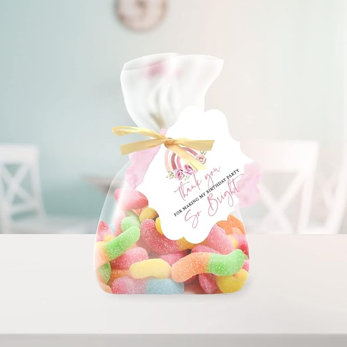 Andaz Press Fancy Frame Kids Party Favor Thank You Tags with String, 48-Pack Floral Rainbow Birthday Gift Tags for Gift Bags, Favor Bags, Goody Bags, Girls Boho Birthday, 1st Birthday Party Favors