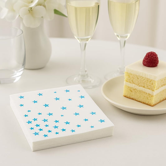 Elegant 100-Pack White Cocktail Napkins with Blue Foil stars- 2-ply Disposale Party Napkins for Weddings, Bars and Baby Showers