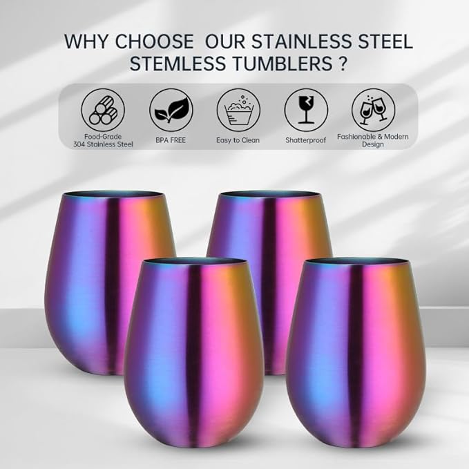 Buyer Star 304 Stainless Steel Wine Glasses Set of 4 - Large 17 oz Outdoor Stemless Wine Tumblers - 100% Unbreakable & Stemless Metal Drinking Cups for Home and Outdoors Dishwasher safe (Rainbow)