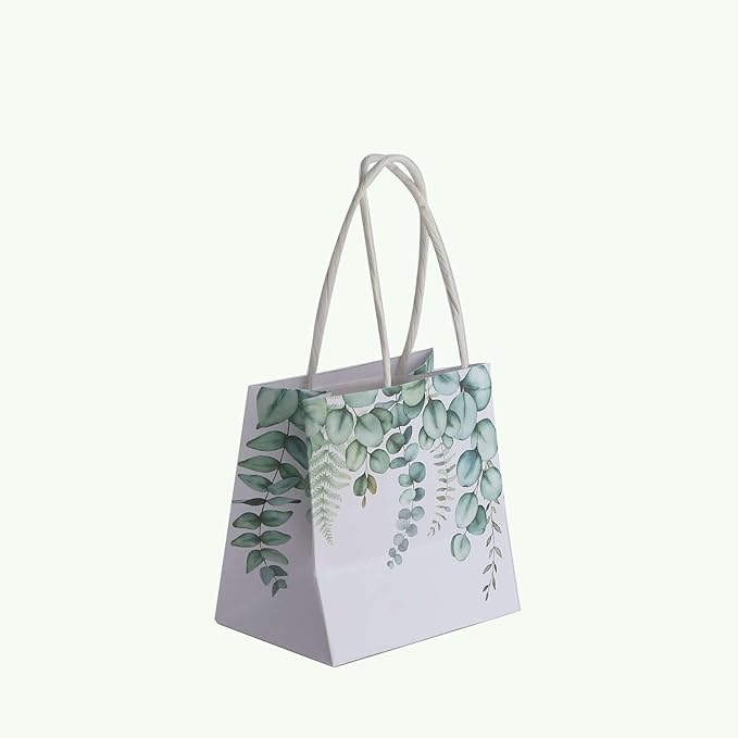 Efavormart 12 Pack 4"x4" Green Eucalyptus Paper Gift Bags with Handles - Small Botanical Favor Goodie Bags for Boho Wedding and Baby Shower