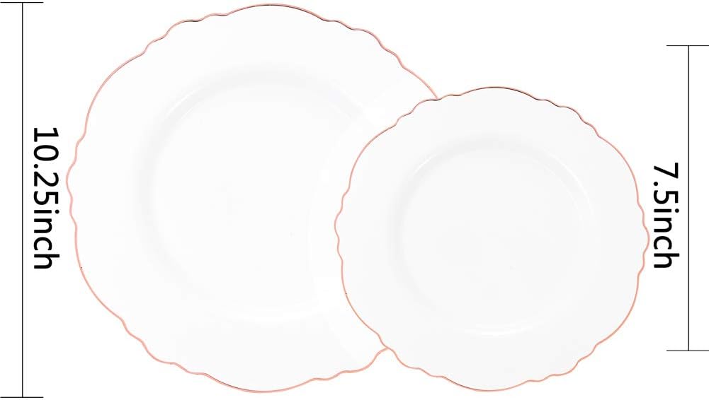 WDF 60pcs Rose Gold Plastic Plates-Baroque White &Rose Gold Disposable Plates including 30Plastic Dinner Plates 10.25inch, 30 Salad Plates 7.5inch for Wedding & Parties