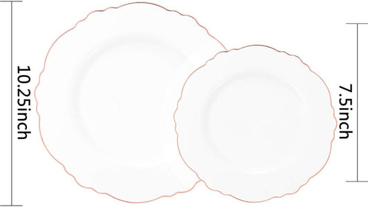 WDF 60pcs Rose Gold Plastic Plates-Baroque White &Rose Gold Disposable Plates including 30Plastic Dinner Plates 10.25inch, 30 Salad Plates 7.5inch for Wedding & Parties