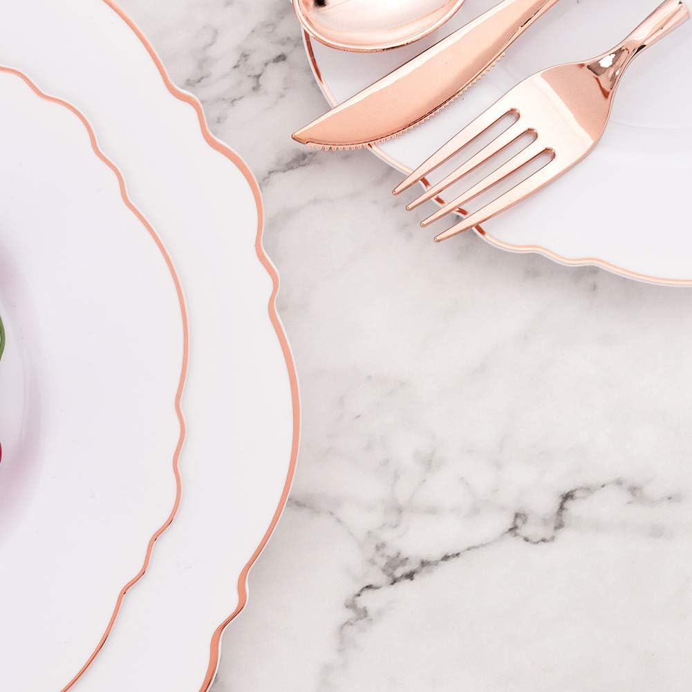 WDF 60pcs Rose Gold Plastic Plates-Baroque White &Rose Gold Disposable Plates including 30Plastic Dinner Plates 10.25inch, 30 Salad Plates 7.5inch for Wedding & Parties