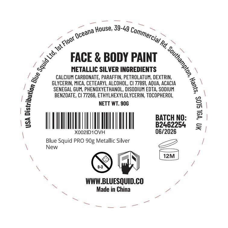 Blue Squid PRO Face Paint - Professional Water Based Single Cake Facepaint & Body Paints - SFX Makeup, Kids Adults Face Painting for Costume, Halloween, Cosplay - Metallic Silver 90g / 3oz