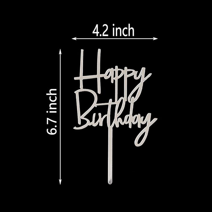Happy Birthday Cake Topper for Birthday Party Decorations (Mirror Silver Acrylic)
