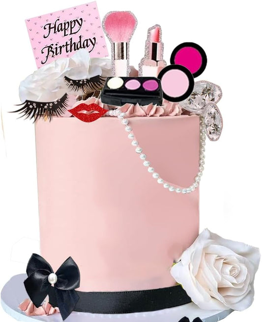 Makeup Cake Topper Flower Ribbon Gloden Ball Makeup Cake Decoration for Girls Women Birthday Party