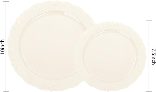 U-QE 100 Pieces Ivory Thanksgiving Plastic Plates for Party - Ivory Disposable Plastic Plates - Heavy Duty Disposable Platos Including 50 Dinner 10 '' & 50 Dessert 7.5 '' for Thanksgiving
