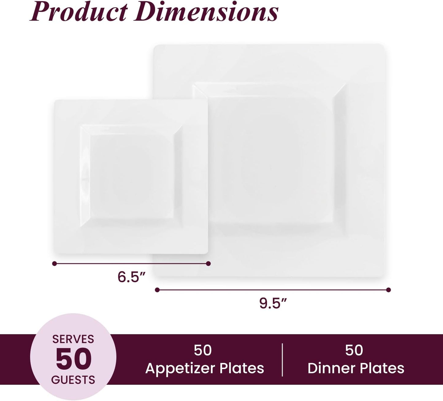 Aya's Cutlery Kingdom 100 Square Plastic Plates - Heavy Duty Disposable Plates - Includes 50 Dinner Plates (10-Inch) and 50 Salad Appetizer Plates (7-Inch) - Elegant White Party Plate for Holidays
