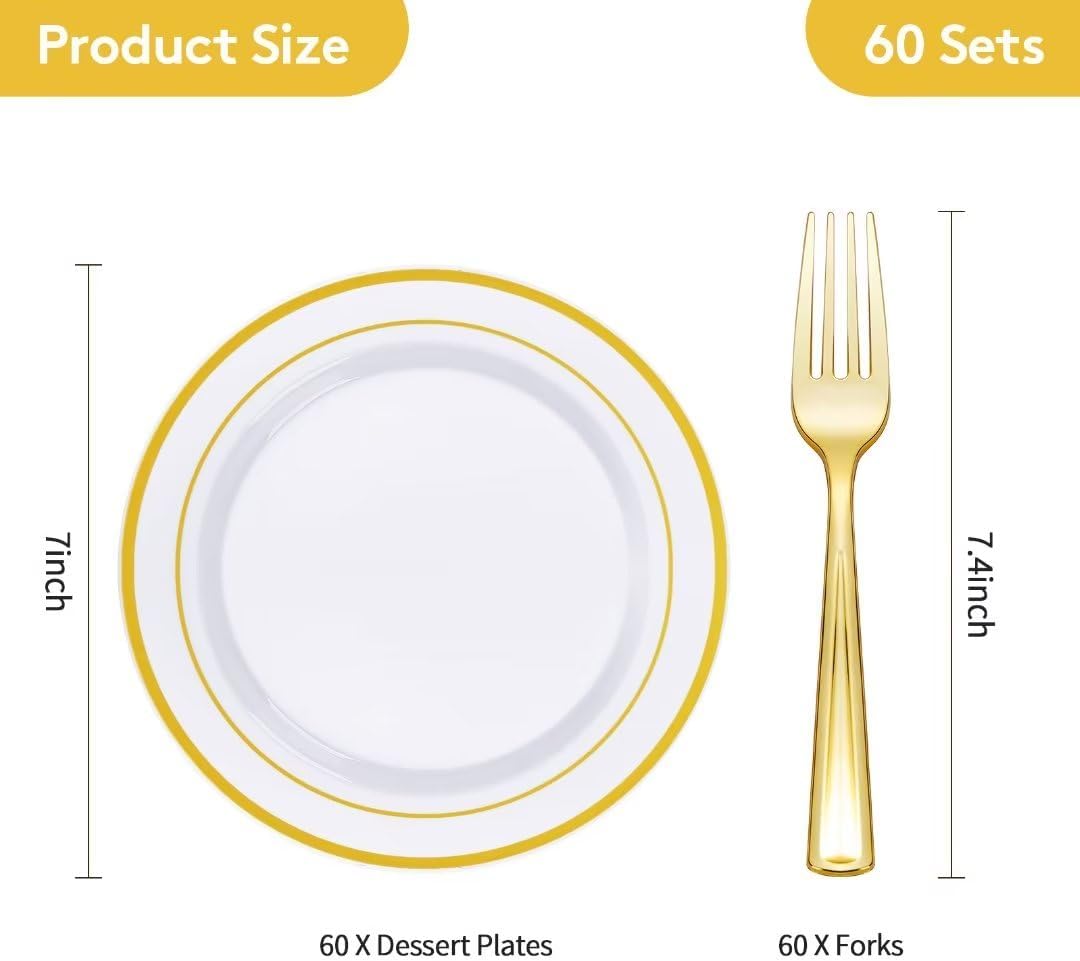 Goodluck 120PCS 7" Gold Dessert Plastic Plates with 7.4" Forks, Gold Appetizer Plates for 60 Guests, Including 60 Disposable Cake Plastic Plates and 60 Forks for Wedding/Birthday Party