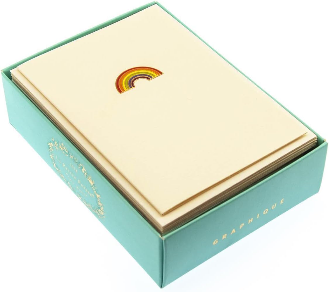 Graphique Rainbow La Petite Presse Boxed Notecards - 10 Embellished Gold Foil Rainbow Blank Cards with Matching Envelopes and Storage Box, 3.25" x 4.75" (L1332CB)