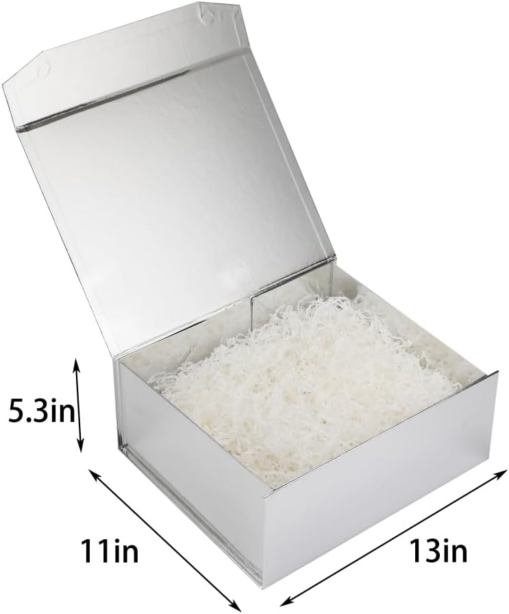 Silver Gift Box - Large 13x11x5.3 Inch - Modern Style - Magnetic Lid - Crinkle Paper - Luxury Gift Box with Lid for Presents