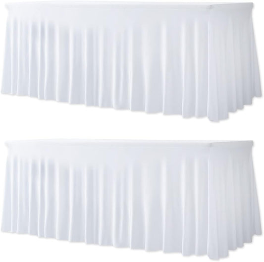 Your Magic Moment Spandex Table Skirts 2 PC Set White for Rectangle Tables 6ft 2 Fitted Table Covers for 6 Foot Tables Elastic Tablecloth for Birthday Party, Events, Banquette Baby Shower