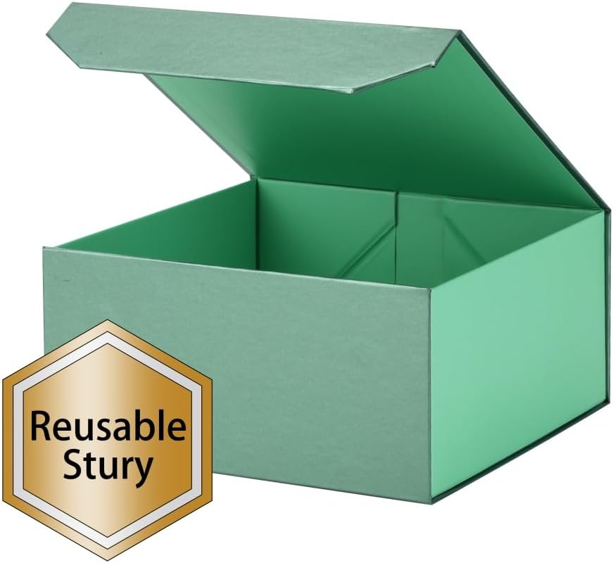 1 Pc Small Green Magnetic Gift Box 8x8x4 Inch Box with Crinkle & Shredded Paper, Luxury Gift Boxes with Lids