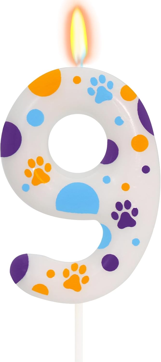 Blue Dog Paw Themed Birthday Candles, Number 9 Paw Print Birthday Party Supplies, 2.76 inch Paw Cake Topper Decorations, Birthday Decorations for Kids (Number 9)