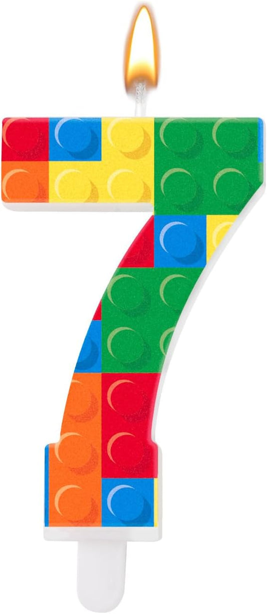 Building Block Themed Birthday Candle Number 7 Candle Birthday Party Decoration Cake Topper for Building Block Party Decoration Theme Party Supplies (Number 7)