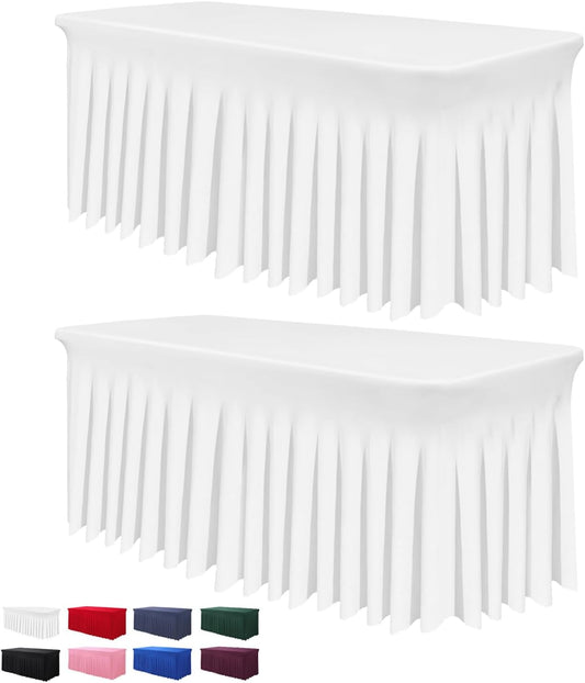Table Skirt for 4 Foot Tables - 2 Pack One-Piece White Tablecloths and Skirt, Wrinkle Resistant Ruffles Elastic Cover for Banquets, Weddings, Events, Parties