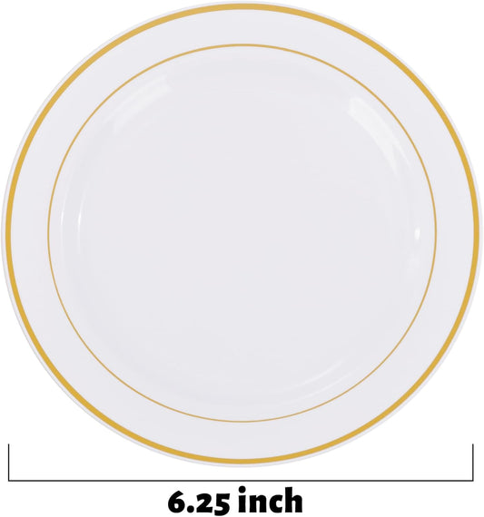 bUCLA 200PCS Gold Plastic Plates - 6.25inch White with Gold Trim Disposable Salad/Dessert/Appetizer/Small Cake Plates, Ideal for Wedding & Party