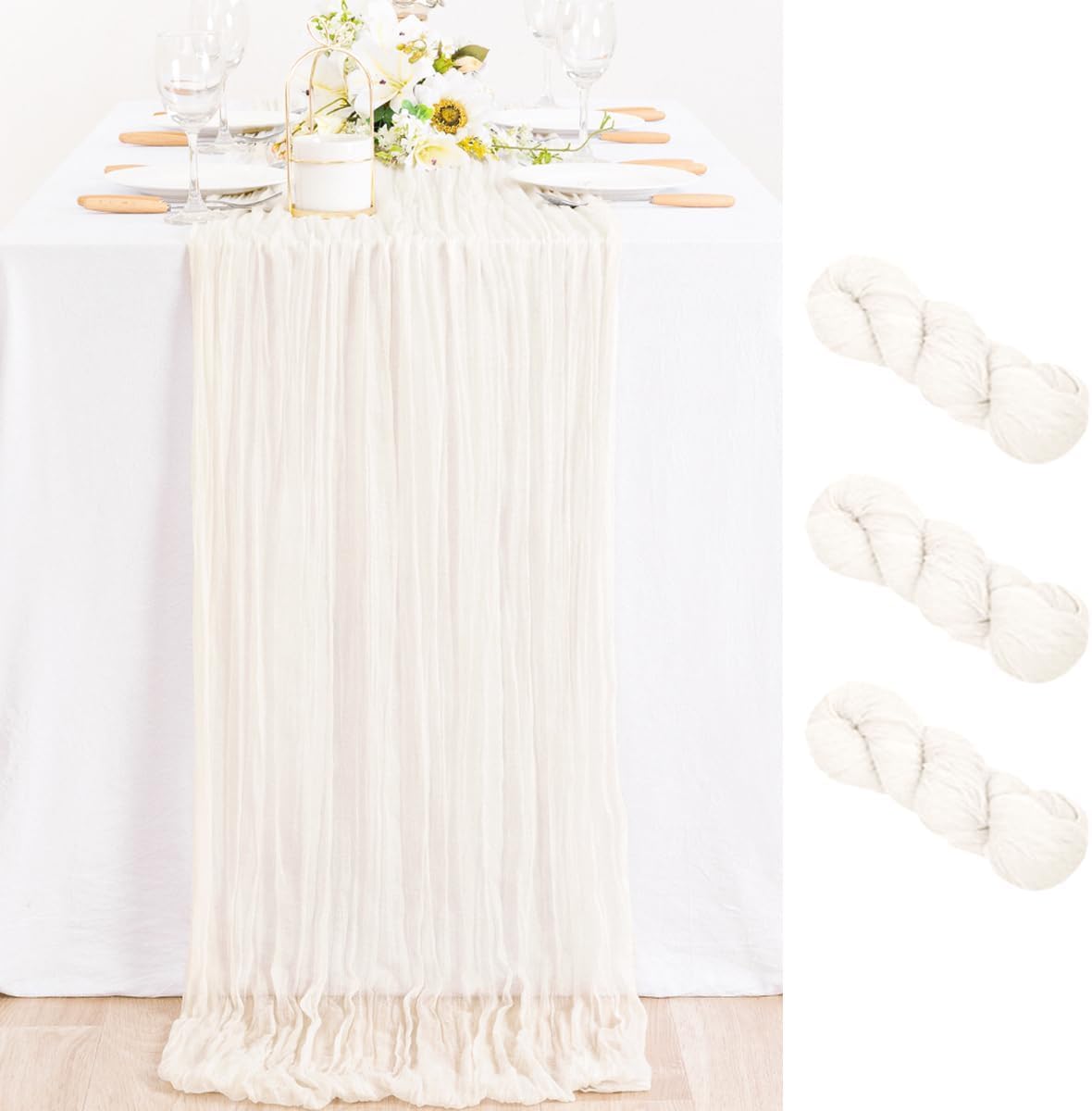 MLMC 3 Pack Ivory White Table Runner Rustic Gauze Cheesecloth Table Runner 10ft Fall Cheese Cloth Centerpiece Decor 35x120 Inches for Wedding Dessert Anniversary Bridal Baby Shower Decor