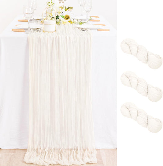 MLMC 3 Pack Ivory White Table Runner Rustic Gauze Cheesecloth Table Runner 10ft Fall Cheese Cloth Centerpiece Decor 35x120 Inches for Wedding Dessert Anniversary Bridal Baby Shower Decor